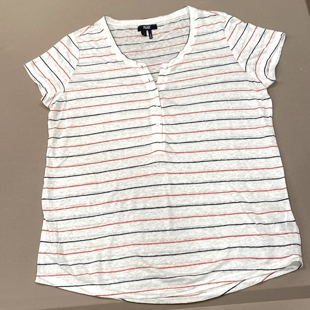 PAIGE white linen short sleeve shirt with navy & red stripes